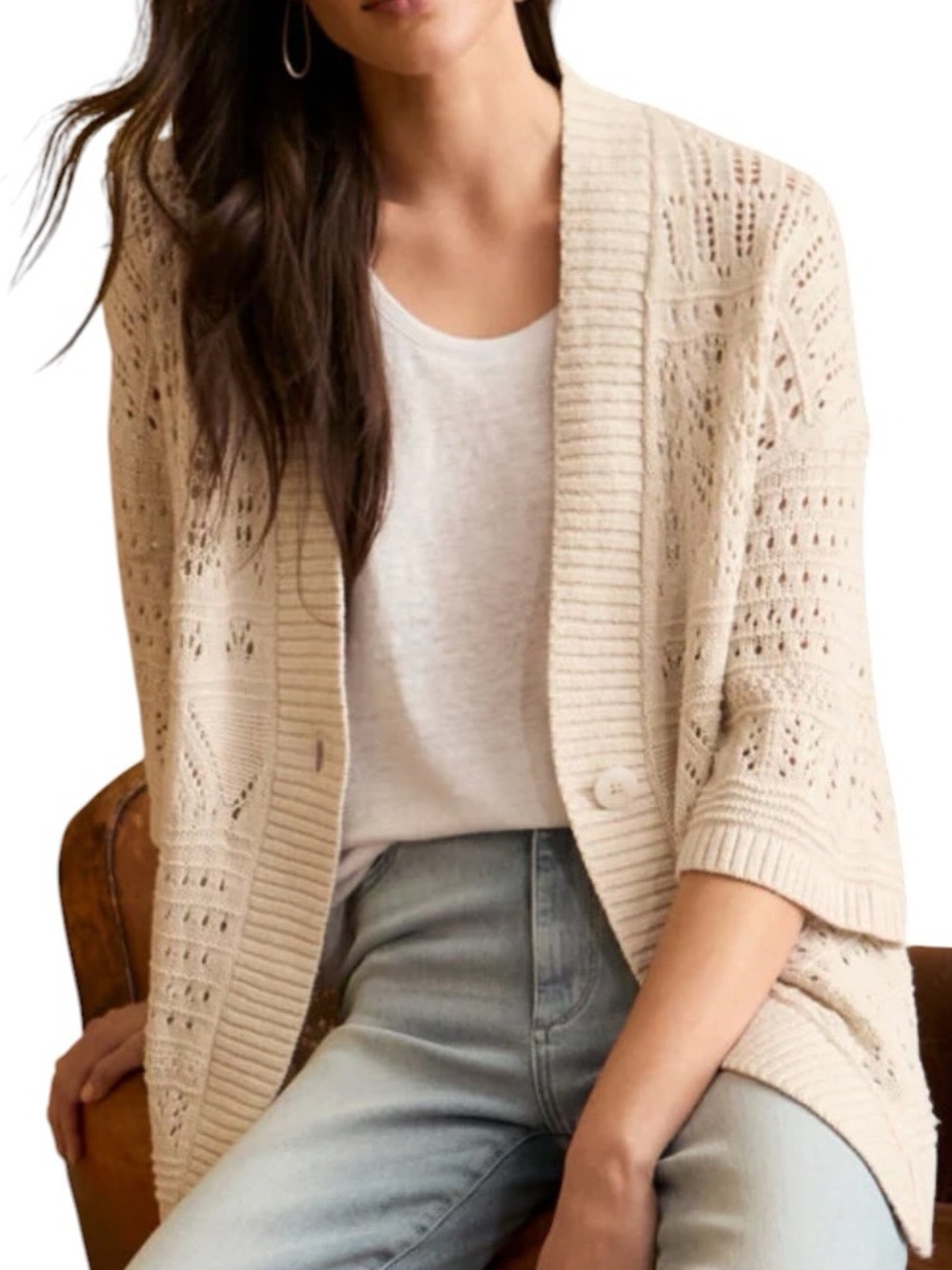 Garnet Hill Dalia Cardigan Open Front Knit Organic Cotton Linen Boho Cream S